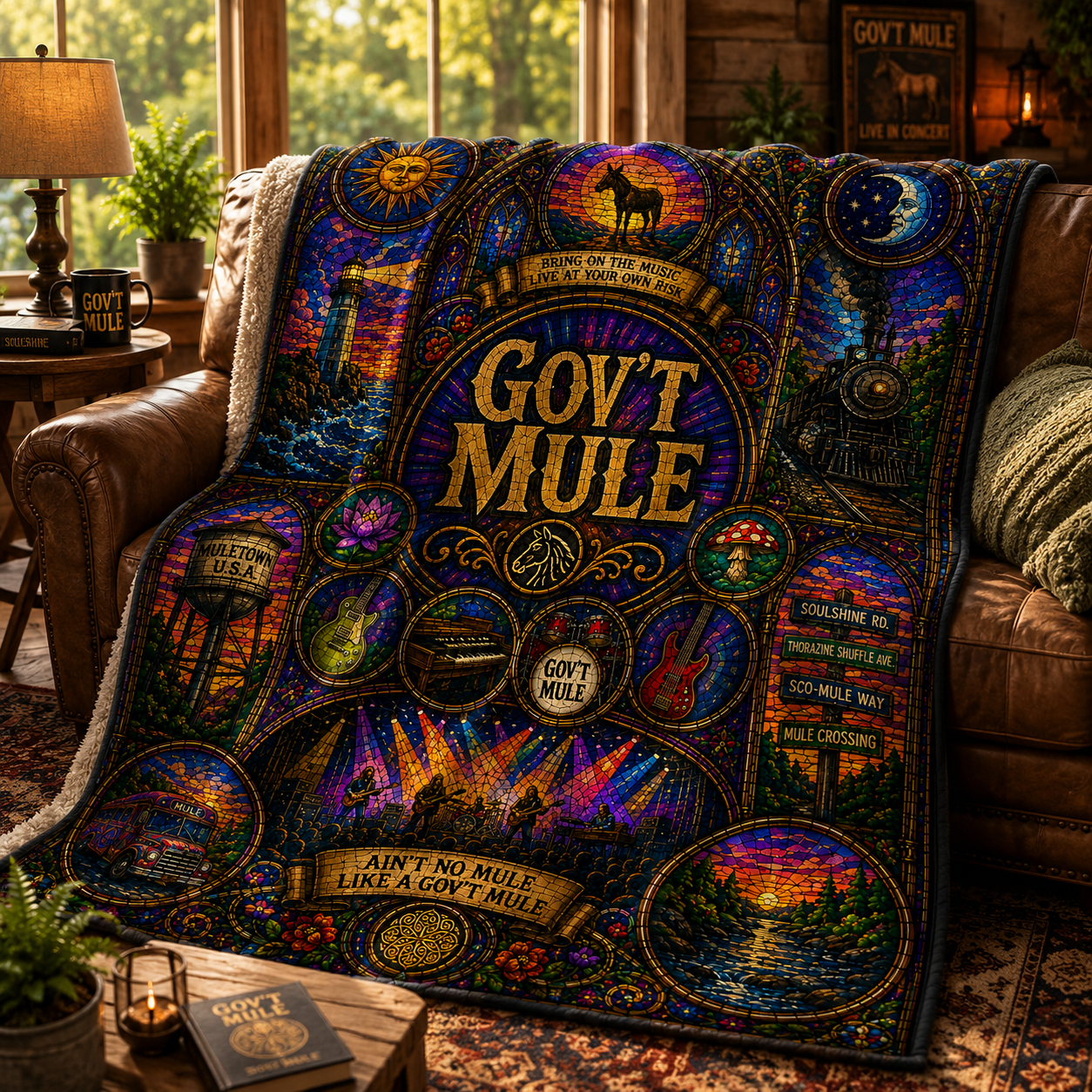 Gov't Mule Sherpa Blanket – Soulshine Road Stained Glass Blues Rock Throw Blanket
