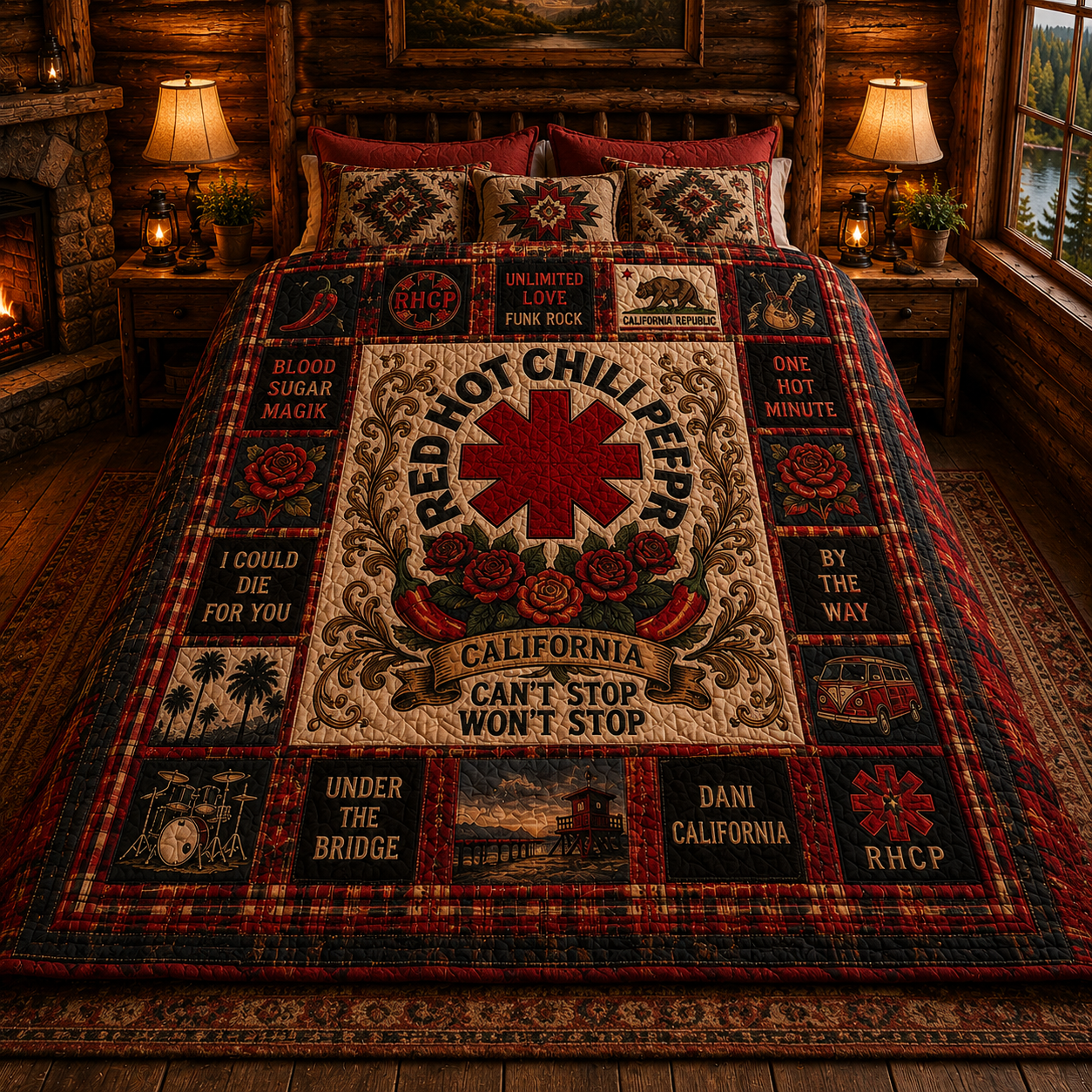 Red Hot Chili Peppers Quilt Blanket – RHCP Sherpa Throw, Vintage Patchwork Rock Blanket, California Music Fan Gift