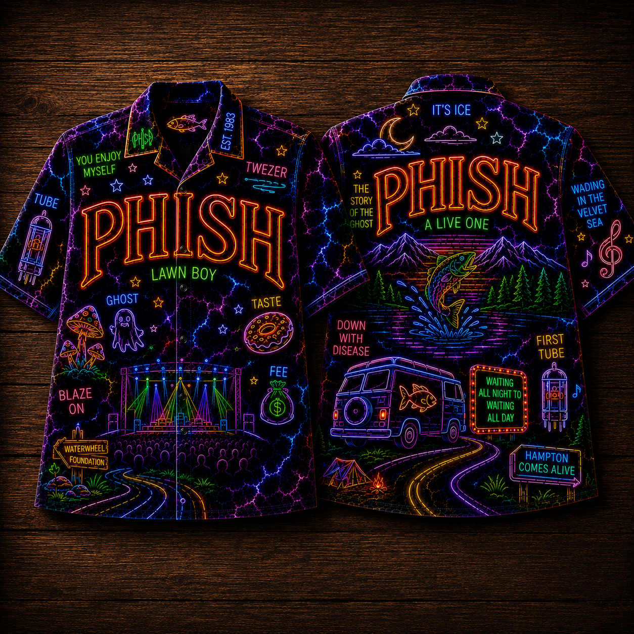 Phish Hawaiian Shirt - Unisex Neon Light Jumping Fish Lawn Boy Button Up
