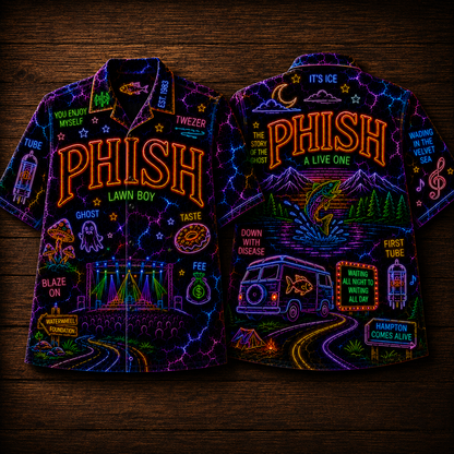 Phish Hawaiian Shirt - Unisex Neon Light Jumping Fish Lawn Boy Button Up