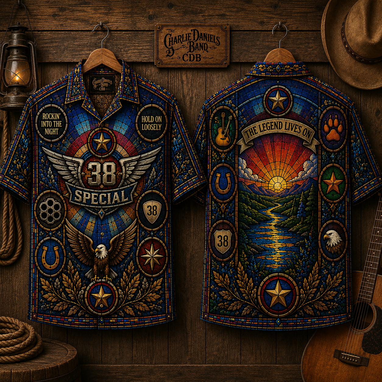 38 Special Stained Glass Hawaiian Shirt - Unisex Southern Rock Bald Eagle Button Up