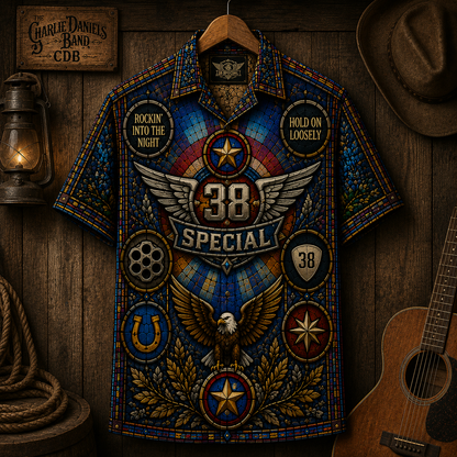 38 Special Stained Glass Hawaiian Shirt - Unisex Southern Rock Bald Eagle Button Up