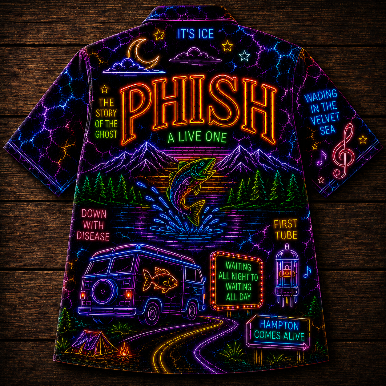 Phish Hawaiian Shirt - Unisex Neon Light Jumping Fish Lawn Boy Button Up