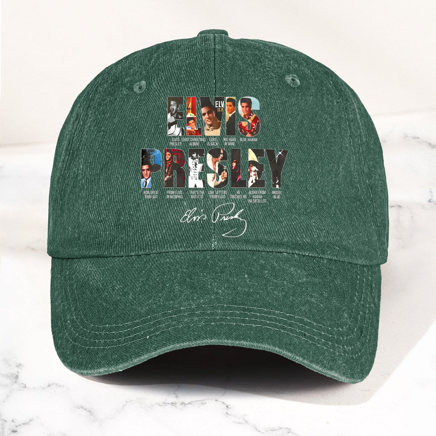 Elvis Presley Denim Dad Cap – Iconic Album Collage Design ( With BOX)