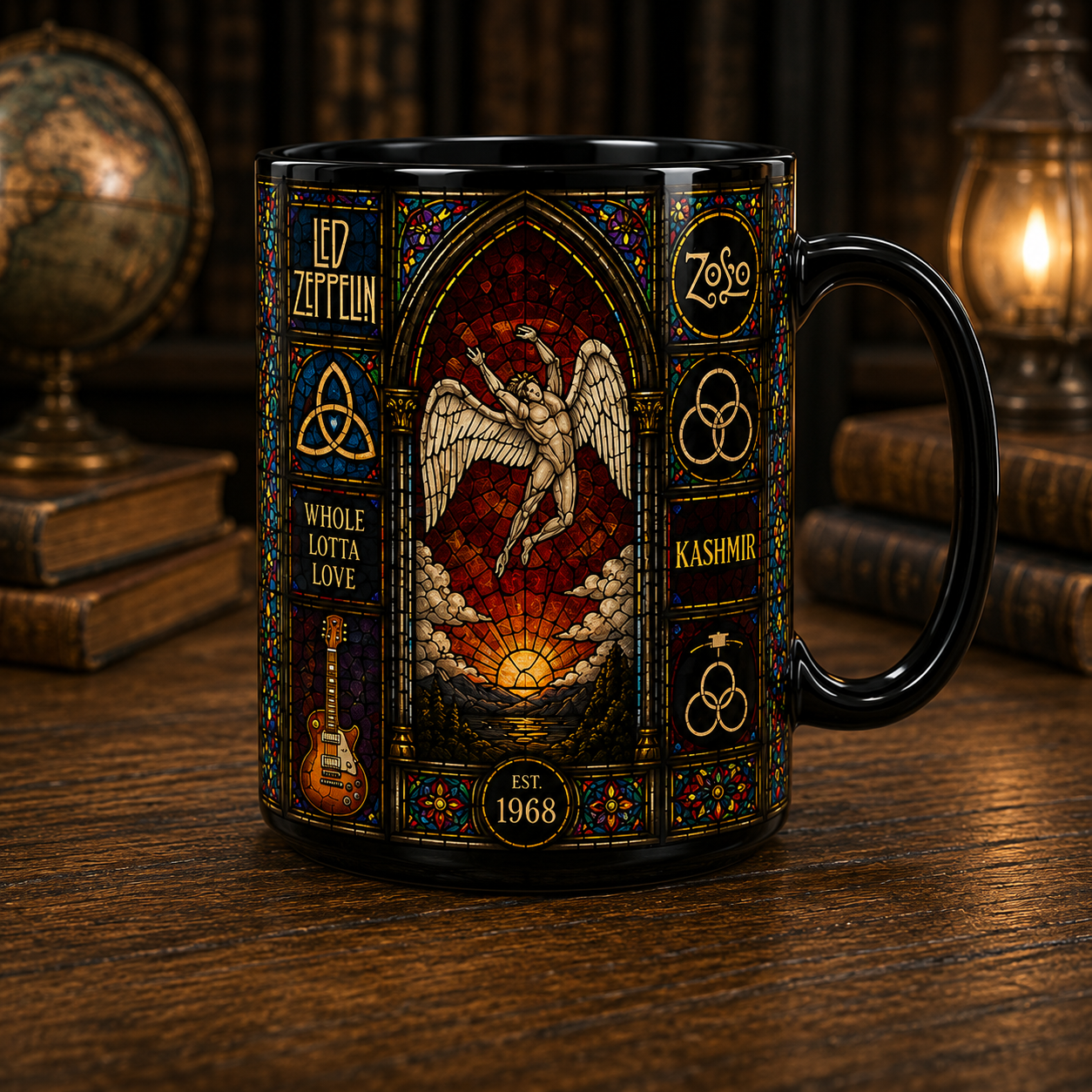 Led Zeppelin Stained Glass Black Coffee Mug – 15oz Ceramic Mug for Classic Rock Fans