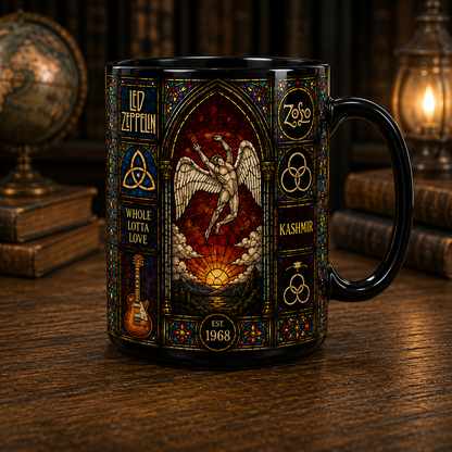 Led Zeppelin Stained Glass Black Coffee Mug – 15oz Ceramic Mug for Classic Rock Fans