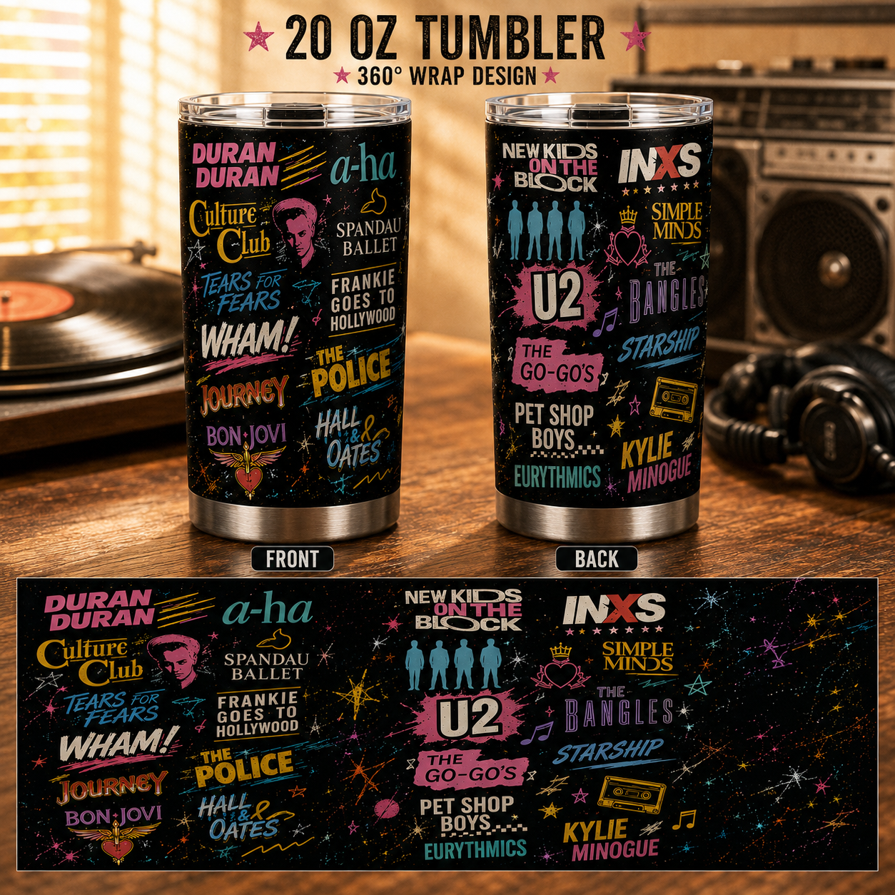 80s New Wave & Pop Legends 20oz Stainless Steel Tumbler – Retro Music Band Travel Mug