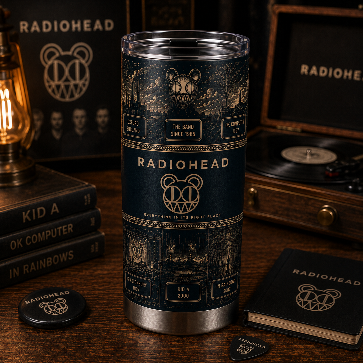 Radiohead 20oz Stainless Steel Tumbler – Vintage Indie Rock Travel Mug with Bear Logo