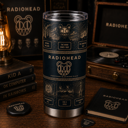 Radiohead 20oz Stainless Steel Tumbler – Vintage Indie Rock Travel Mug with Bear Logo