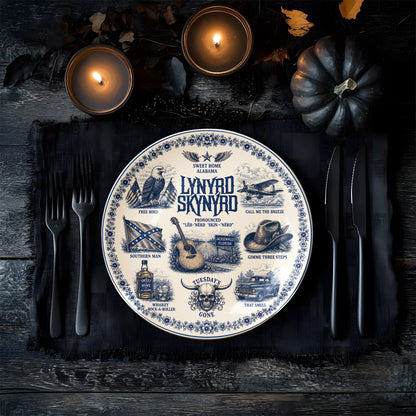 Lynyrd Skynyrd Decorative Ceramic Plate with Stand – Blue & White Southern Rock Art Gift