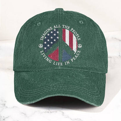 John Lennon Imagine All The People Living Life In Peace Sign American Flag Denim Cap – Retro Vintage Dad Cap Gift For Dad (With Box)