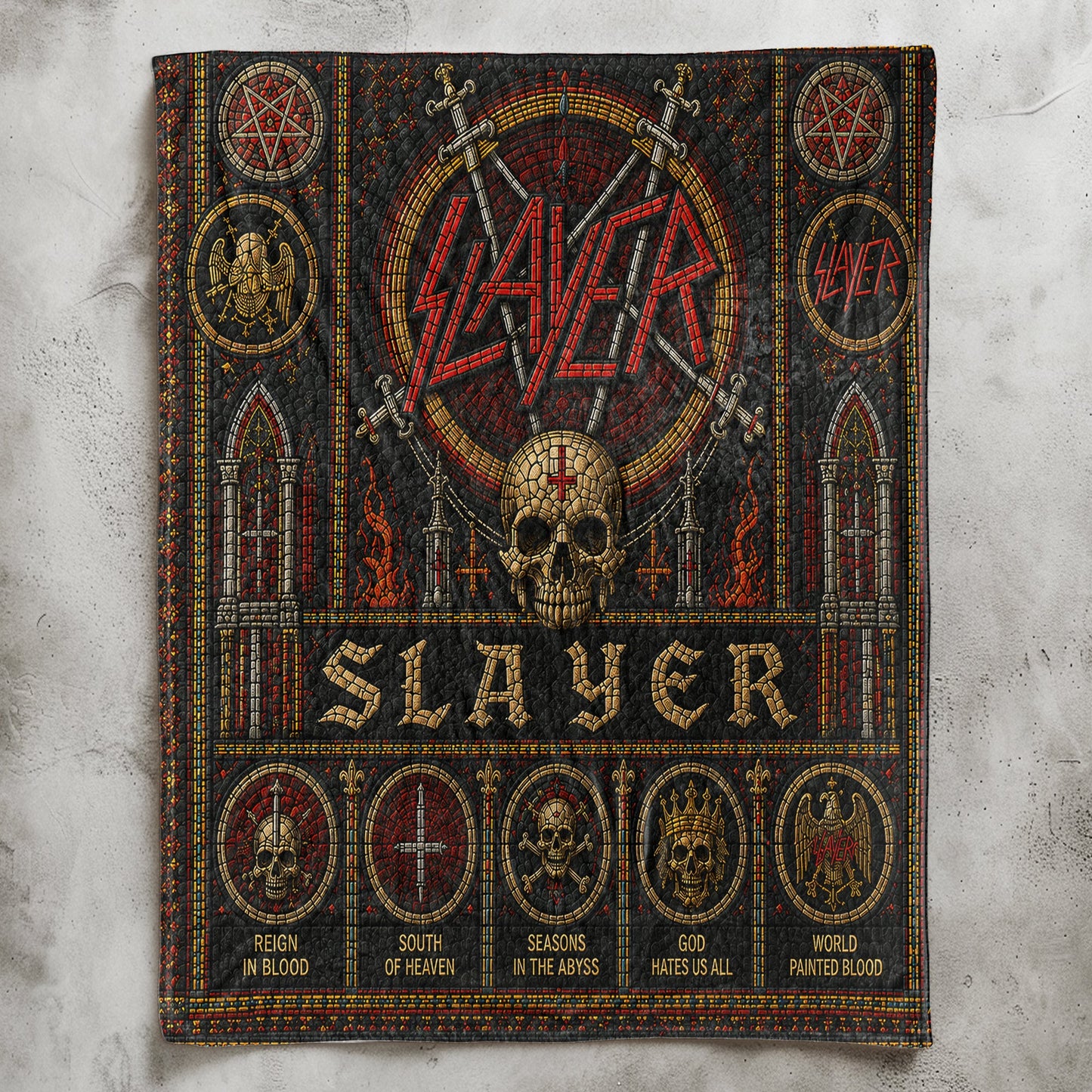 Slayer Sherpa Blanket – Eagle Swords Skull Stained Glass Thrash Metal Throw Blanket