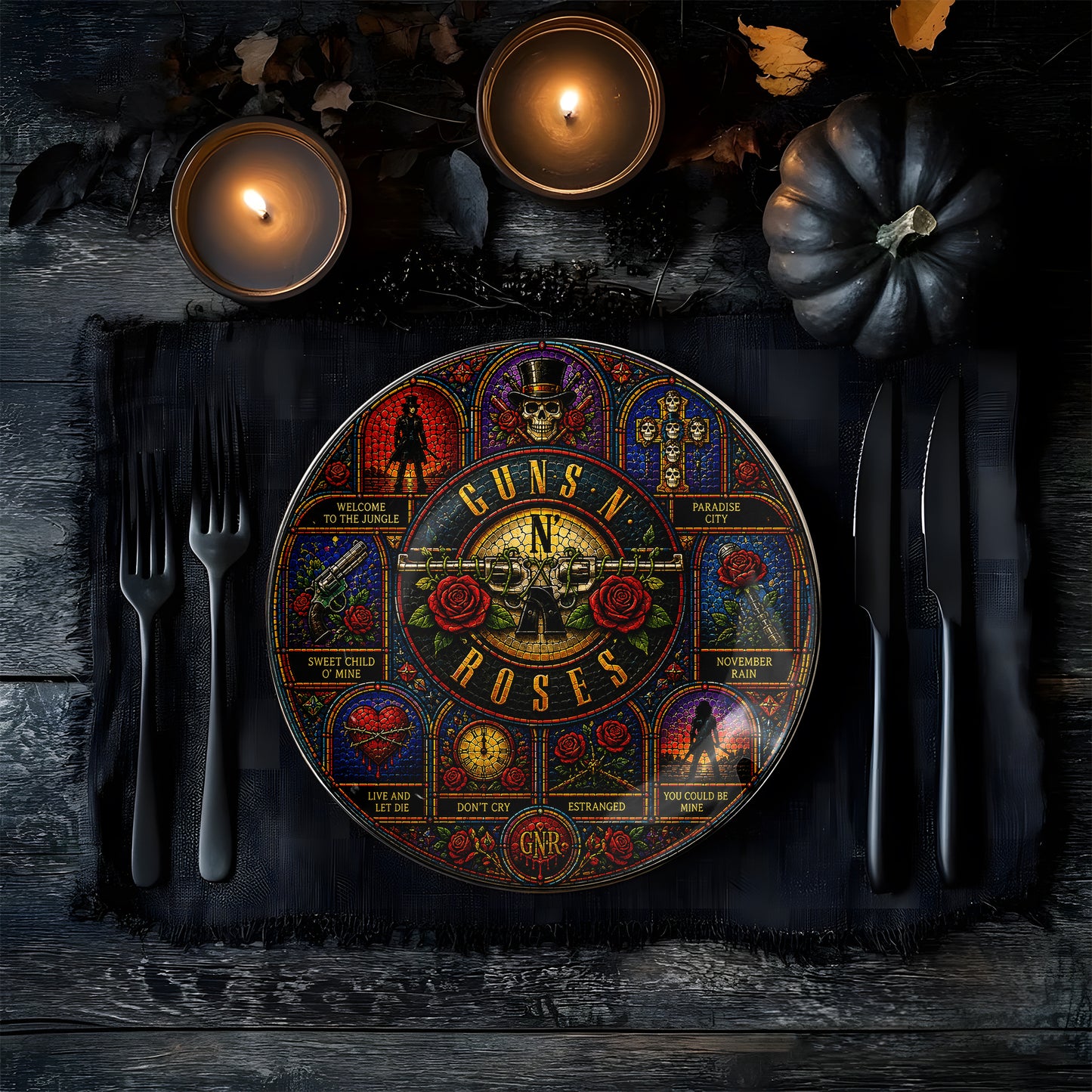 Guns N' Roses Decorative Ceramic Plate with Stand – Stained Glass Rock Art Gift