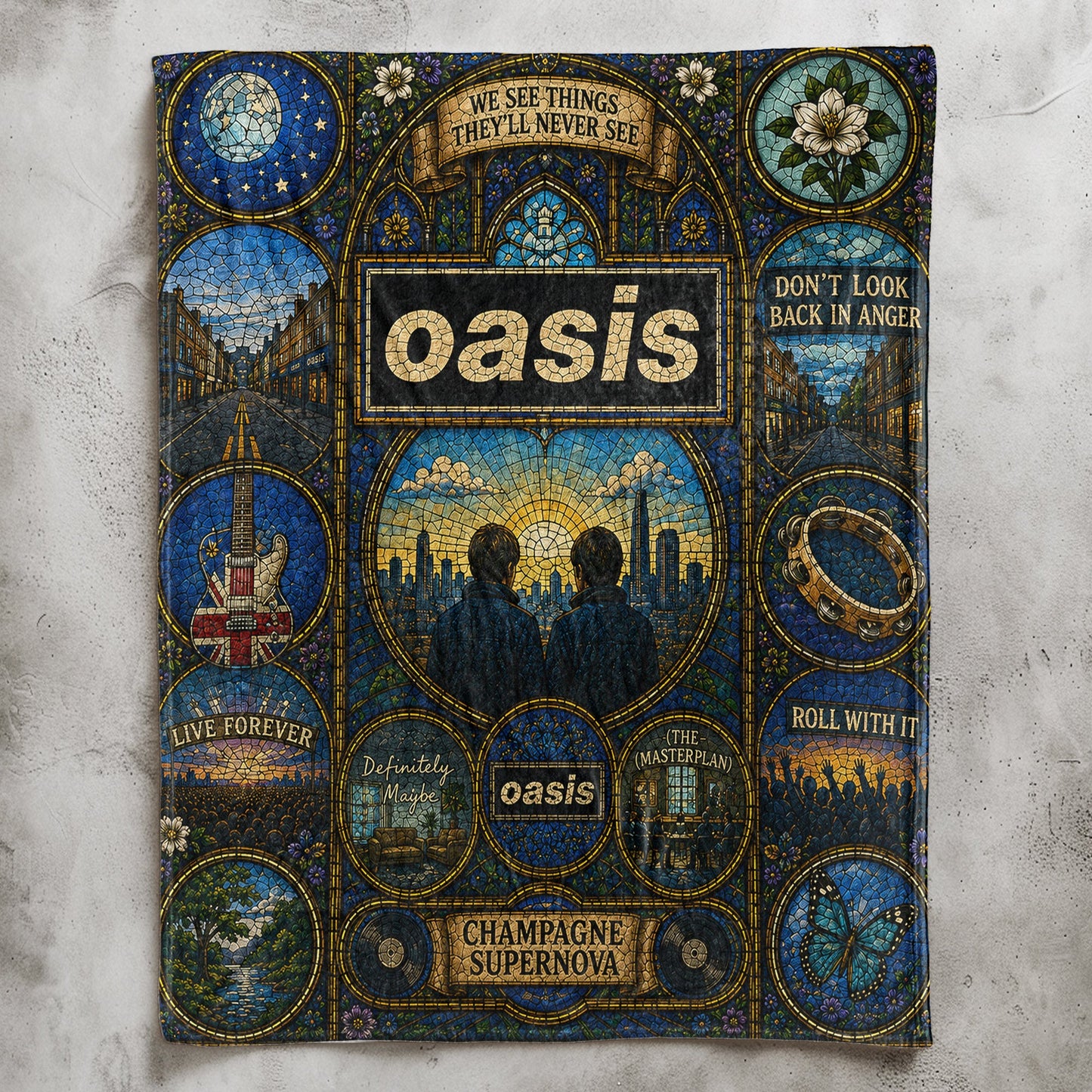 Oasis Band Sherpa Blanket – Champagne Supernova Stained Glass Blanket