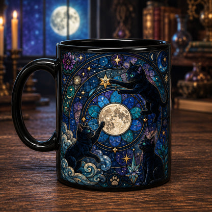 Black Cat Stained Glass Mug, Gothic Cat Coffee Mug, Moonlit Cat Ceramic Mug, Witchy Cat Cup