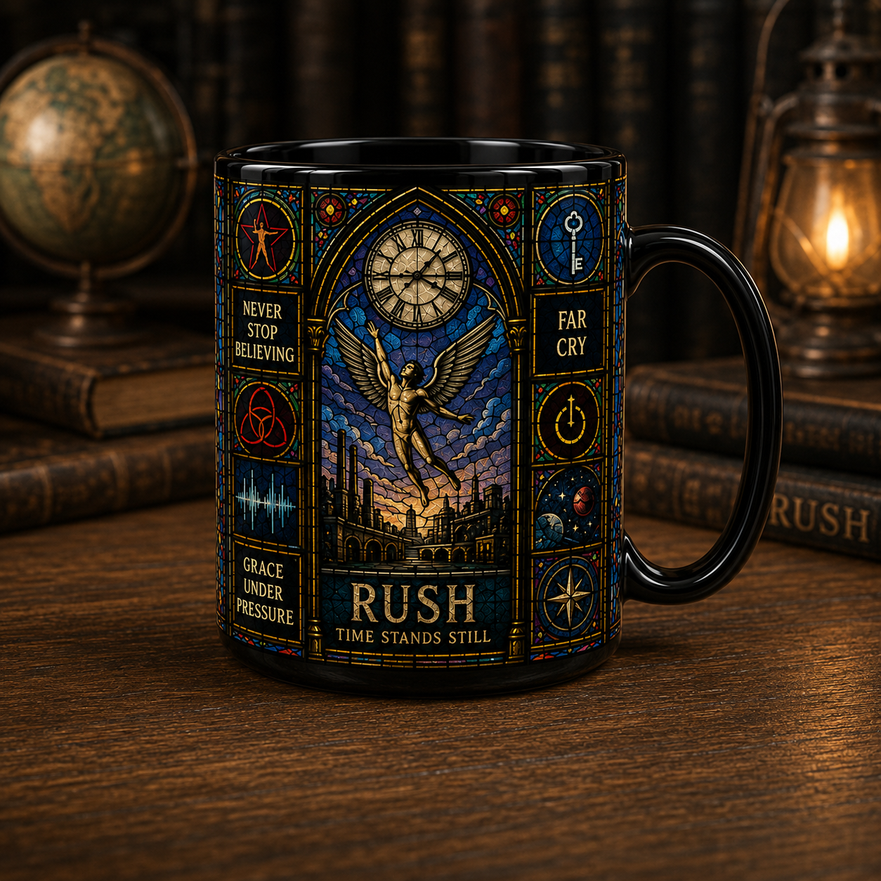 Rush Stained Glass Black Coffee Mug – 15oz Ceramic Mug for Progressive Rock Fans