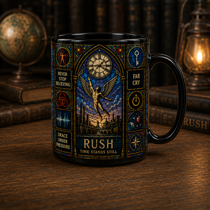 Rush Stained Glass Black Coffee Mug – 15oz Ceramic Mug for Progressive Rock Fans