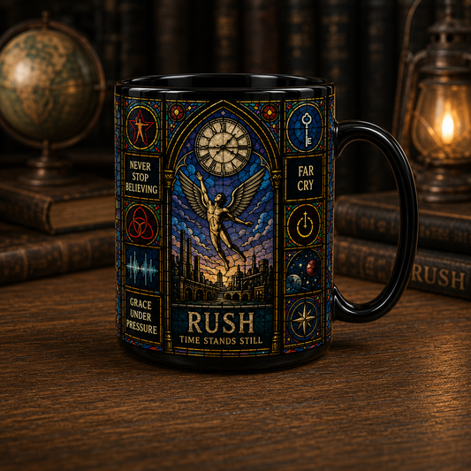 Rush Stained Glass Black Coffee Mug – 15oz Ceramic Mug for Progressive Rock Fans