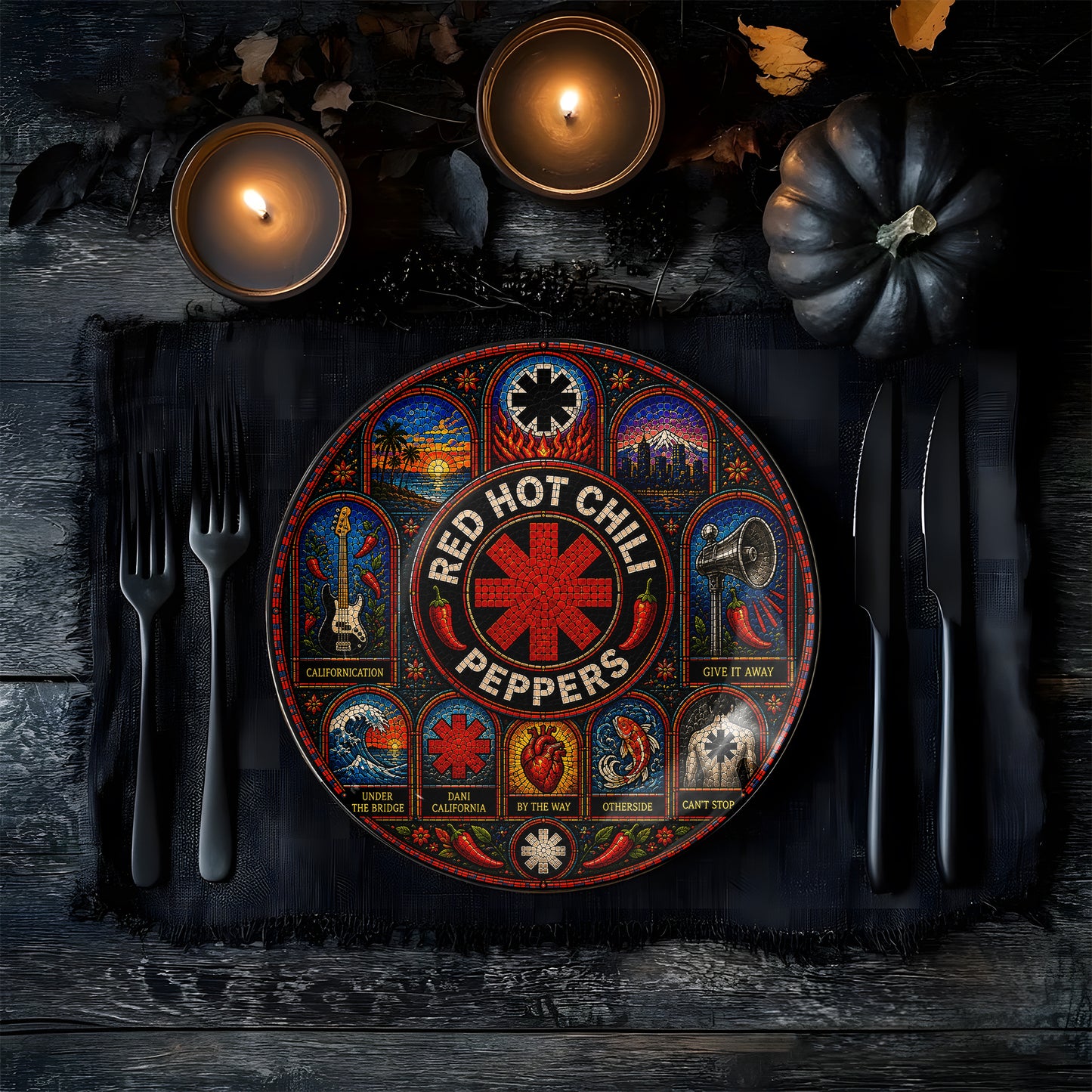 Red Hot Chili Peppers Decorative Ceramic Plate with Stand – Stained Glass Rock Art Gift