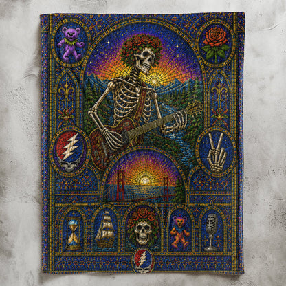 Grateful Dead Sherpa Blanket – Bertha Skeleton Guitarist Gothic Stained Glass Blanket