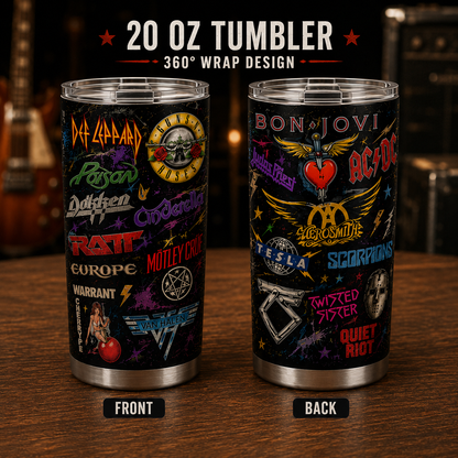 Hair Metal Legends 20oz Stainless Steel Tumbler – Vintage Glam Metal Band Logo Travel Mug