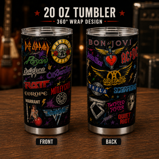 Hair Metal Legends 20oz Stainless Steel Tumbler – Vintage Glam Metal Band Logo Travel Mug
