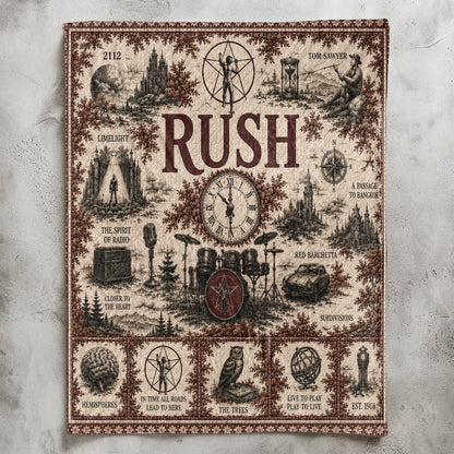 Rush Band Sherpa Blanket – Starman Vintage Sketch Collage Progressive Rock Blanket