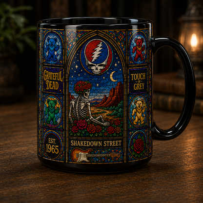 Grateful Dead Stained Glass Black Coffee Mug – 15oz Ceramic Mug for Deadheads