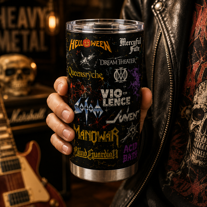 Heavy Metal Legends 20oz Stainless Steel Tumbler – Vintage Metal Band Logo Travel Mug