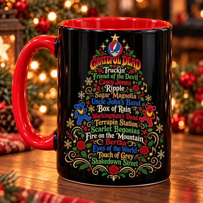 Grateful Dead Christmas Tree Mug, Deadhead Holiday Coffee Cup, Dancing Bears Christmas Gift, Classic Rock Music Mug, Grateful Dead Fan Gift