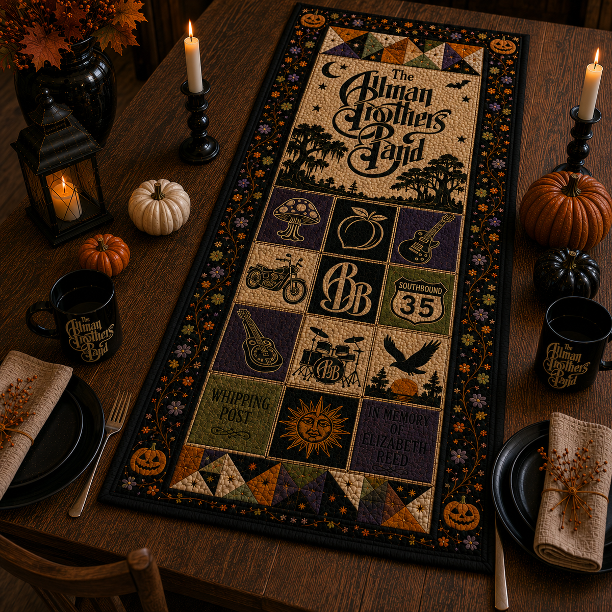 The Allman Brothers Band Halloween Table Runner – Quilted Southern Rock Table Decor for Fall