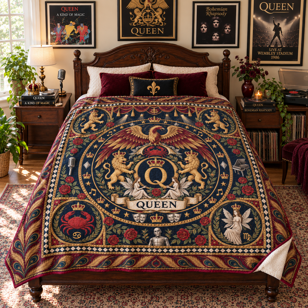 Queen Sherpa Blanket, Heritage Pattern Rock Blanket, Bohemian Rhapsody Band Bedding, Vintage Queen Fan Gift