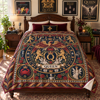 Queen Sherpa Blanket, Heritage Pattern Rock Blanket, Bohemian Rhapsody Band Bedding, Vintage Queen Fan Gift