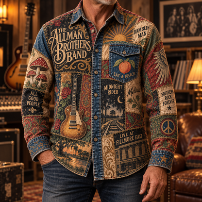 The Allman Brothers Band Patchwork Long Sleeve Shirt – Eat a Peach, Midnight Rider & Ramblin’ Man Vintage Southern Rock Button Up