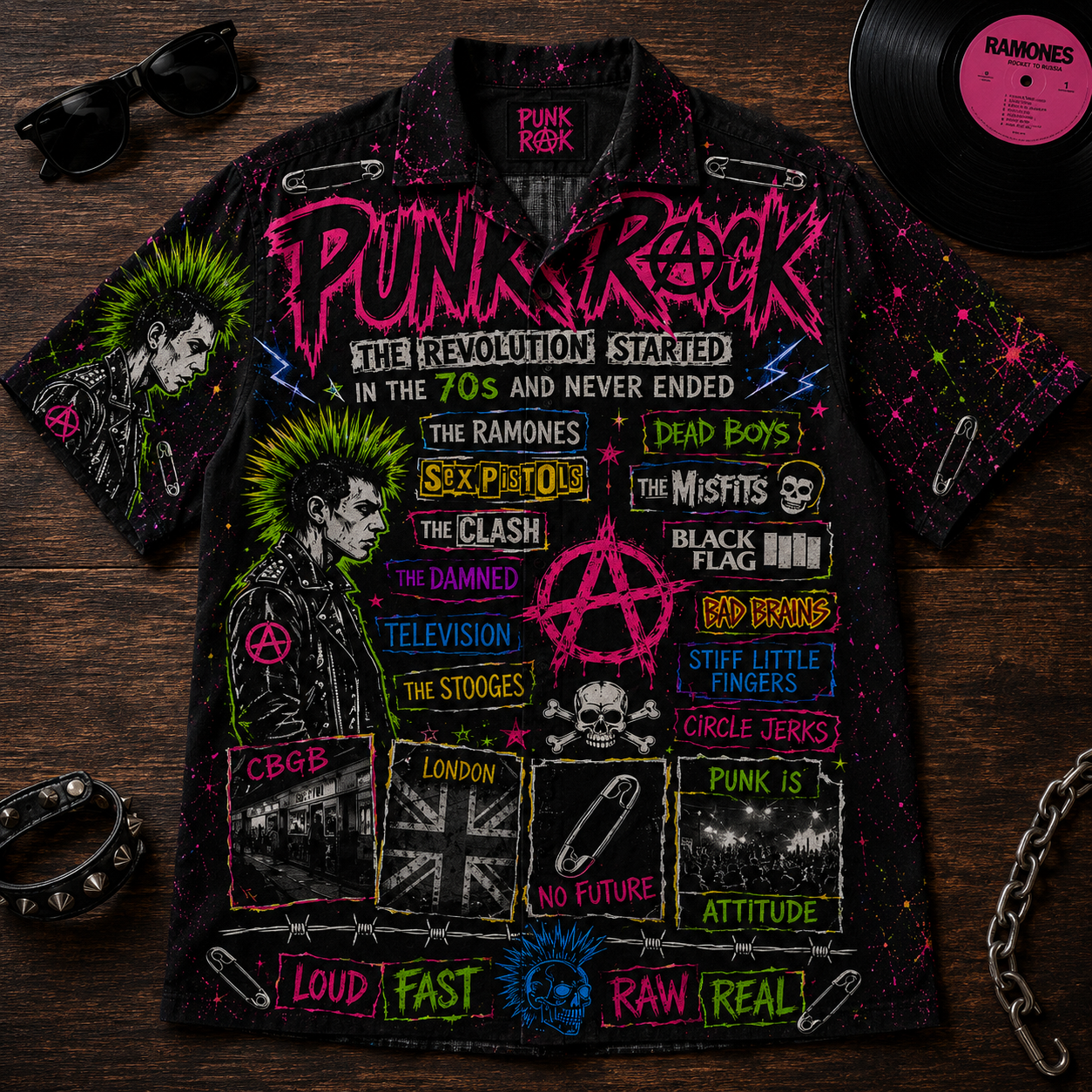 Punk Rock Hawaiian Shirt - Unisex Neon Light Punk Is Not Dead Button Up