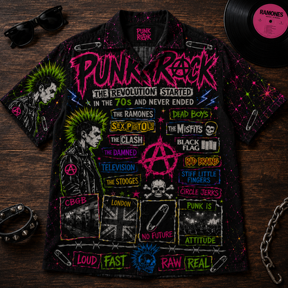 Punk Rock Hawaiian Shirt - Unisex Neon Light Punk Is Not Dead Button Up