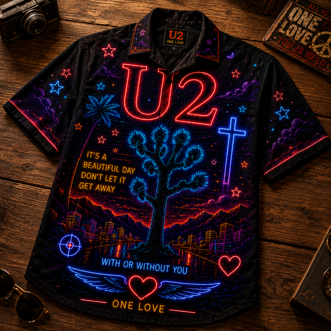 U2 Hawaiian Shirt - Unisex Front Back Neon Light Joshua Tree Map Button Up