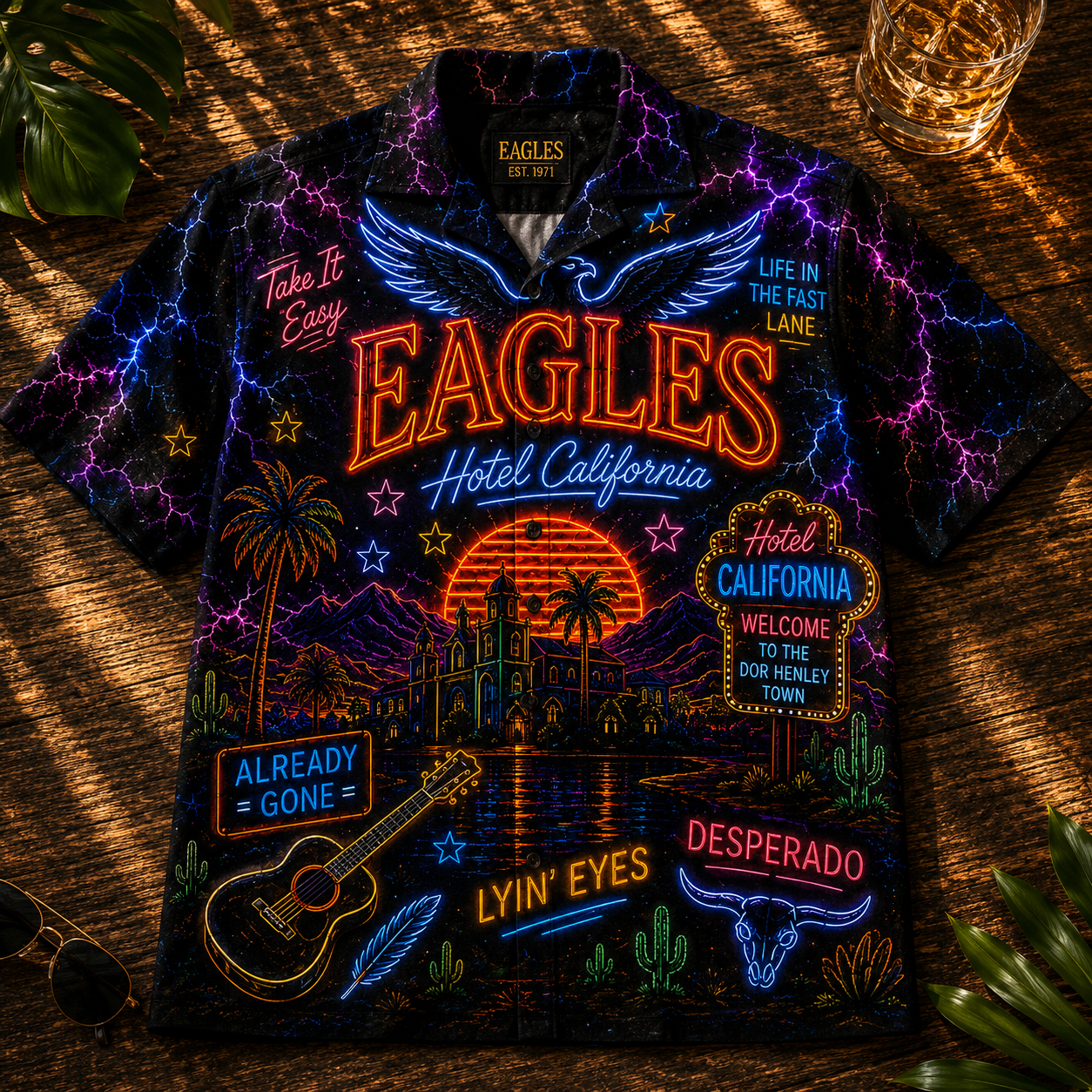 Eagles Band Hawaiian Shirt - Unisex Vintage Neon Light Hotel California Button Up