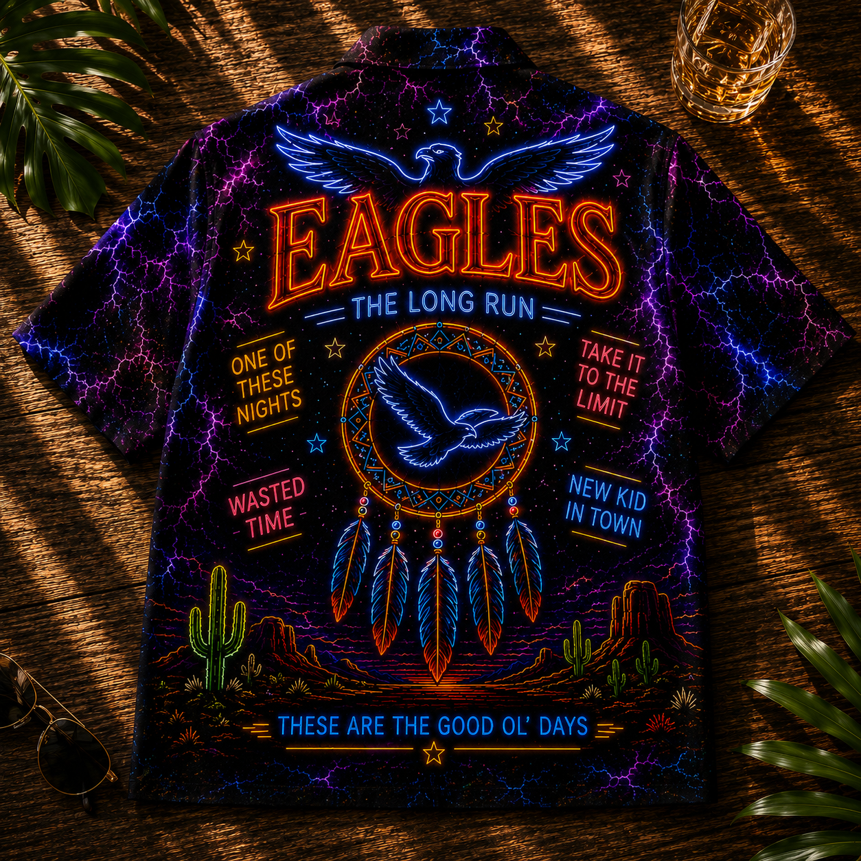 Eagles Band Hawaiian Shirt - Unisex Vintage Neon Light Hotel California Button Up