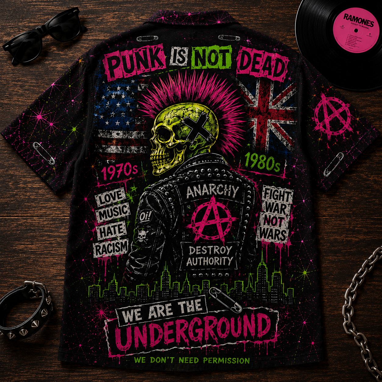 Punk Rock Hawaiian Shirt - Unisex Neon Light Punk Is Not Dead Button Up