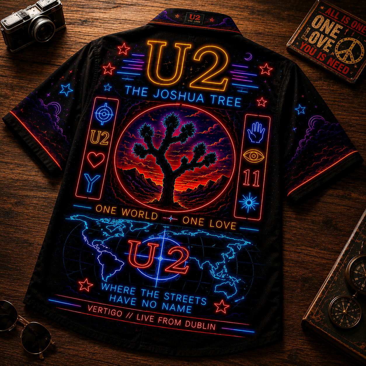 U2 Hawaiian Shirt - Unisex Front Back Neon Light Joshua Tree Map Button Up
