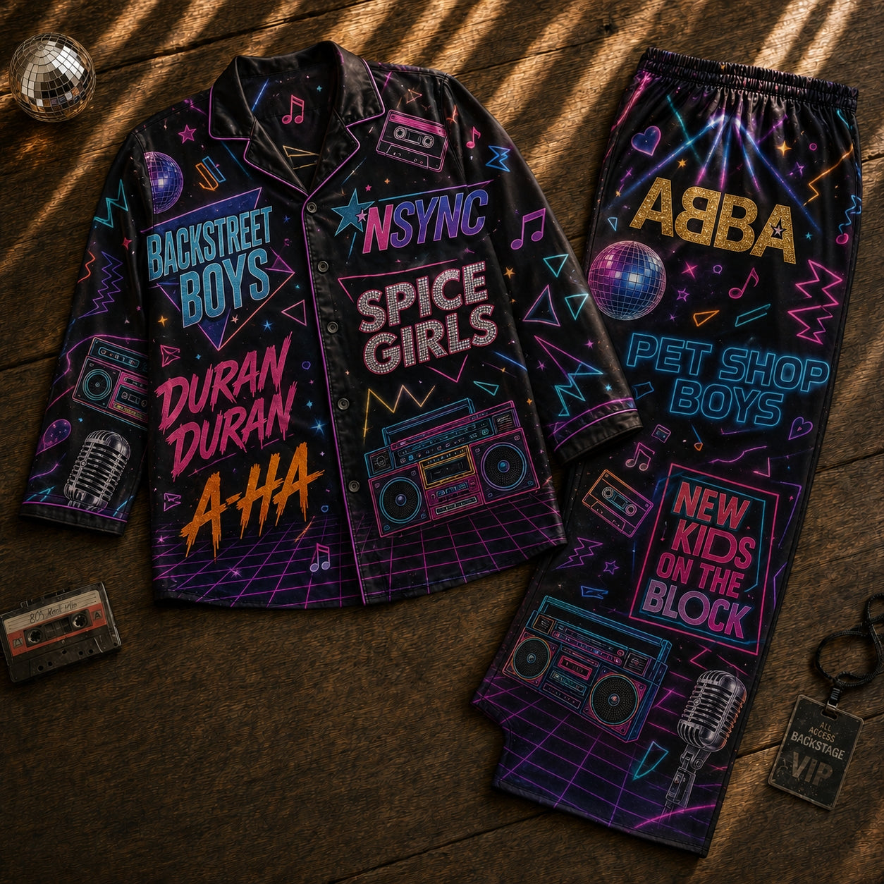 Vintage 80s 90s Pop Icons Pajama Set – Unisex Retro Boy Band & Girl Group Sleepwear