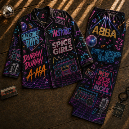 Vintage 80s 90s Pop Icons Pajama Set – Unisex Retro Boy Band & Girl Group Sleepwear