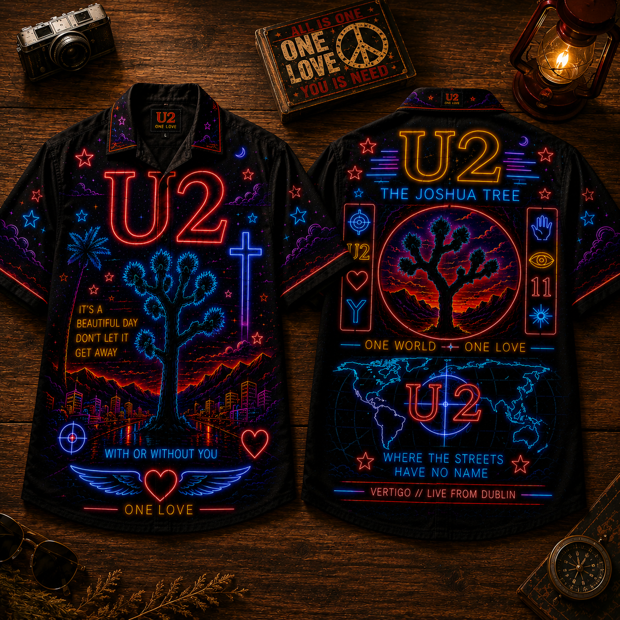 U2 Hawaiian Shirt - Unisex Front Back Neon Light Joshua Tree Map Button Up