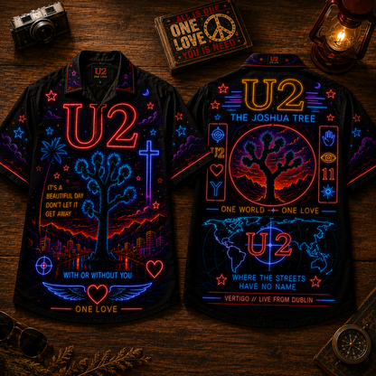 U2 Hawaiian Shirt - Unisex Front Back Neon Light Joshua Tree Map Button Up