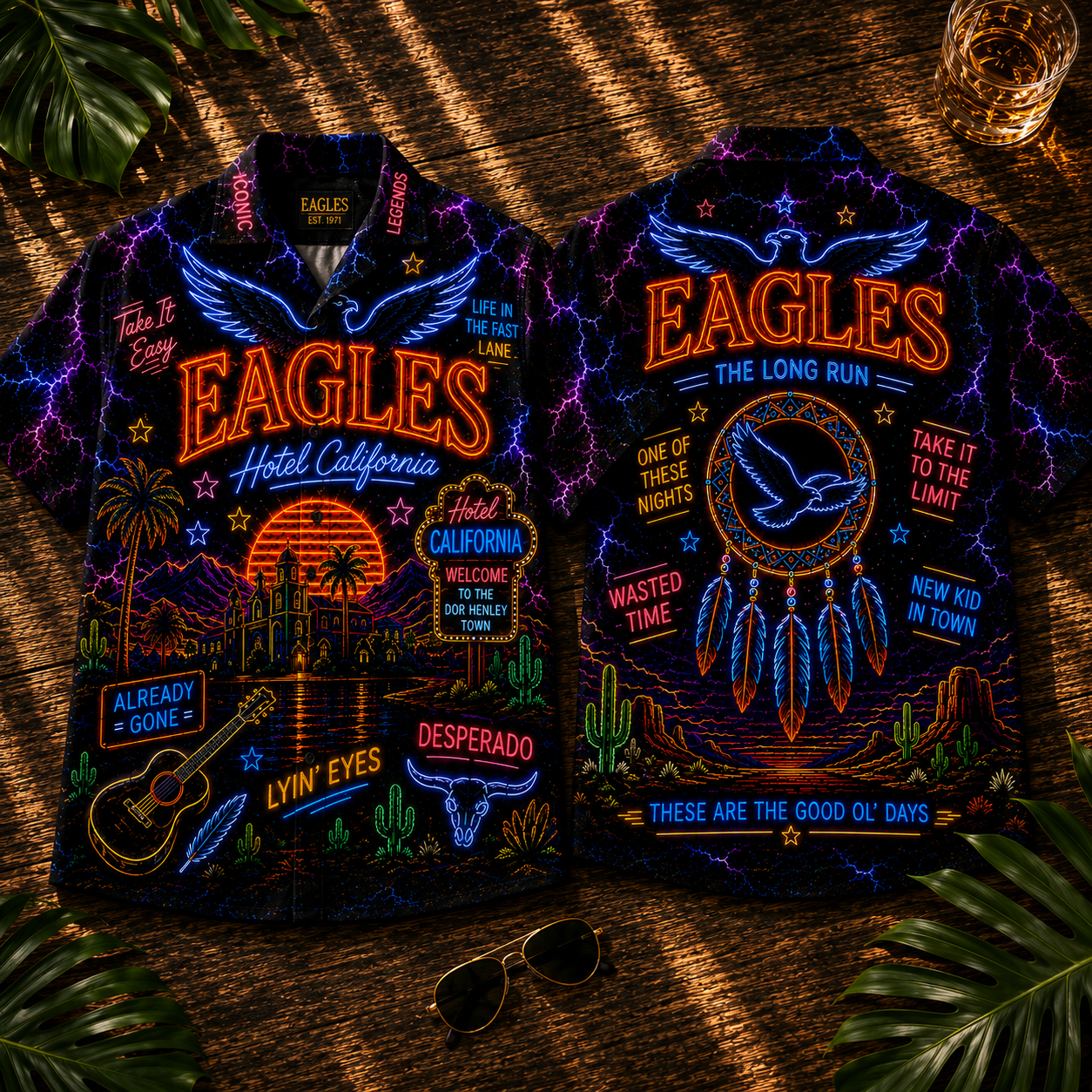 Eagles Band Hawaiian Shirt - Unisex Vintage Neon Light Hotel California Button Up