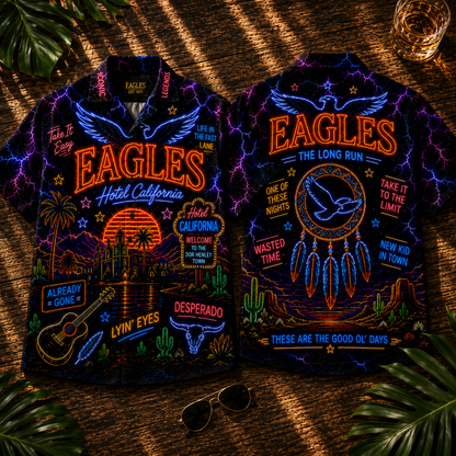Eagles Band Hawaiian Shirt - Unisex Vintage Neon Light Hotel California Button Up