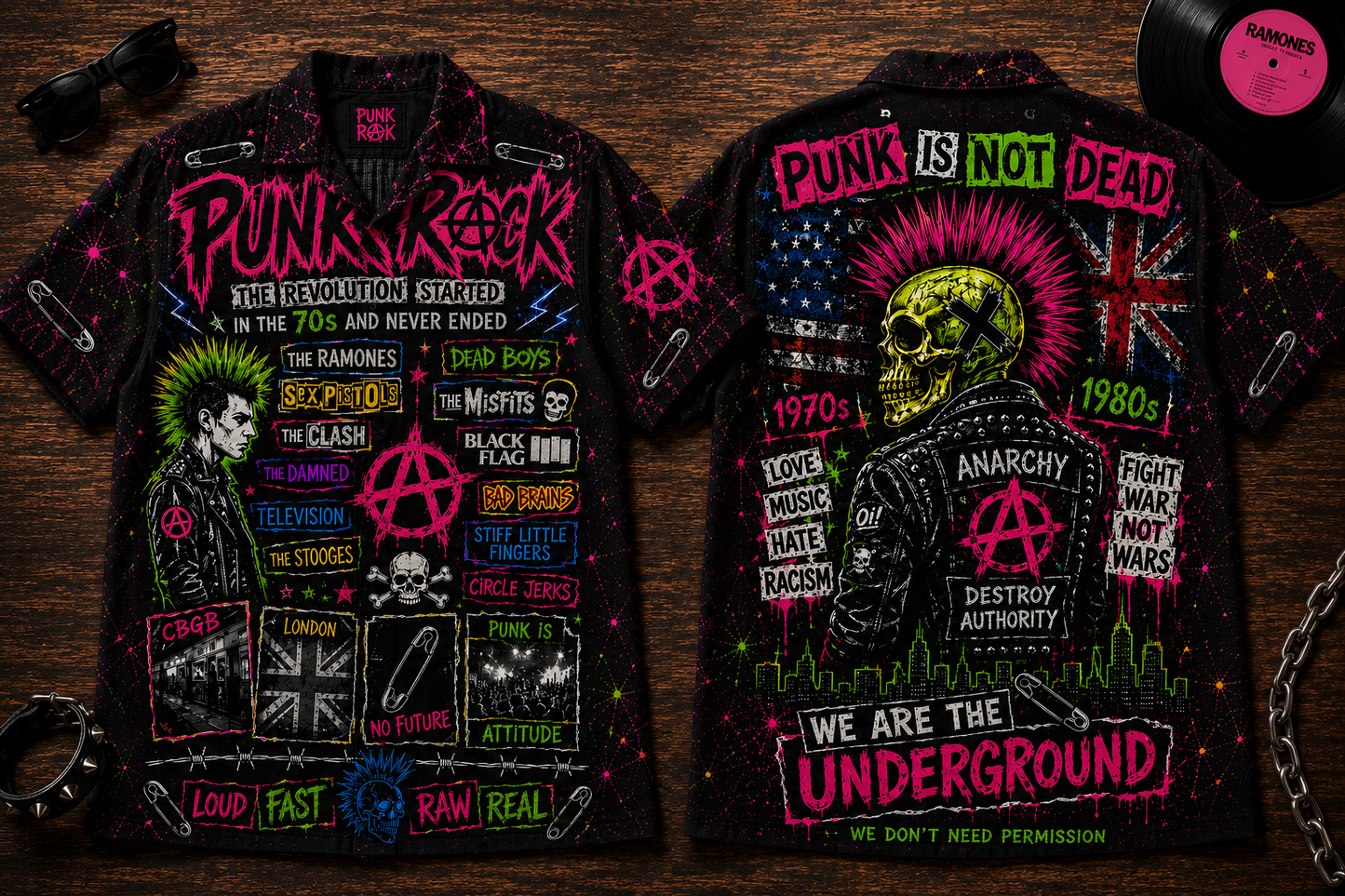 Punk Rock Hawaiian Shirt - Unisex Neon Light Punk Is Not Dead Button Up