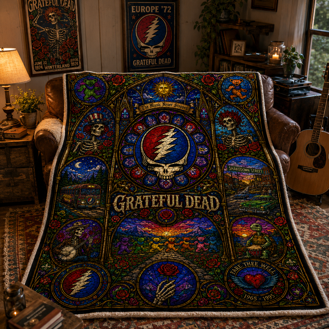 Grateful Dead Sherpa Blanket – Steal Your Face Stained Glass Blanket