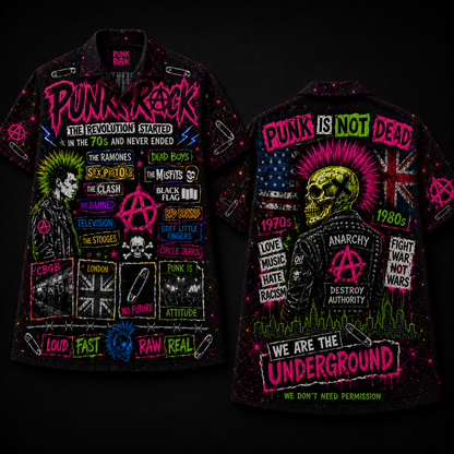 Punk Rock Hawaiian Shirt - Unisex Neon Light Punk Is Not Dead Button Up